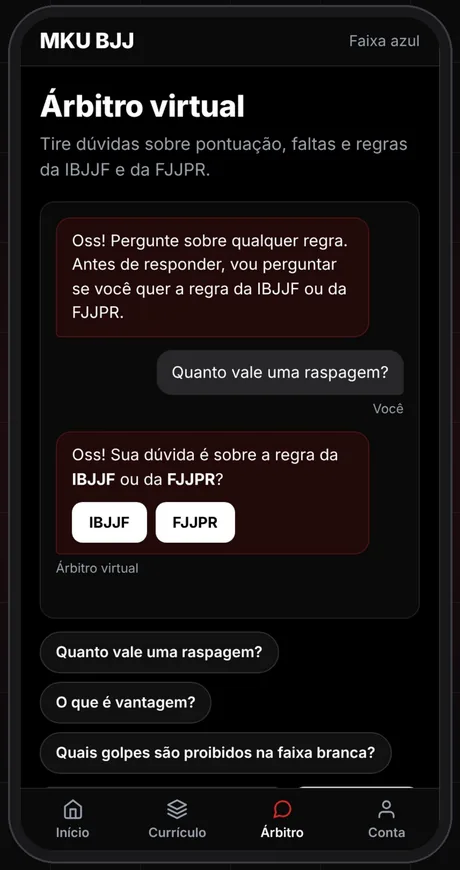 Tela do Árbitro virtual perguntando se a dúvida é sobre a regra da IBJJF ou da FJJPR.